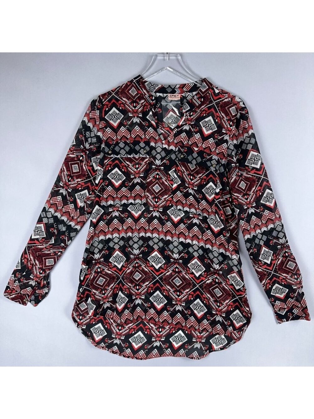 ONLY Tunic Blouse Top Size 38 Geometric Aztec Print Long Sleeve Red Black